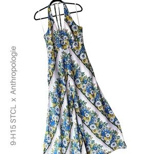 ANTHROPOLOGIE x 9-H15 STCL FLORAL SORAYA MAXI HALTER LINEN BLEND BLUE WHITE 12P